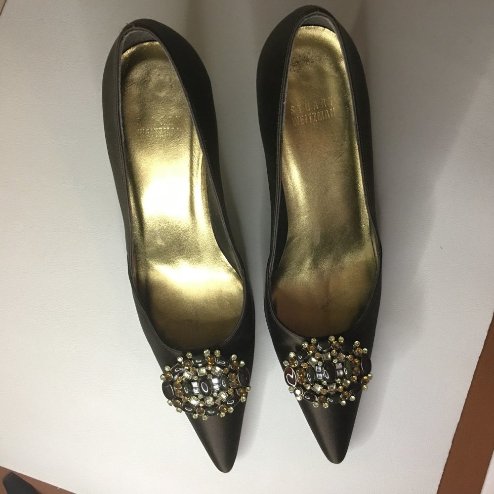 STUART WEITZMAN ✨ Brown Satin Rhinestone Embellished Heels - Picture 7 of 14